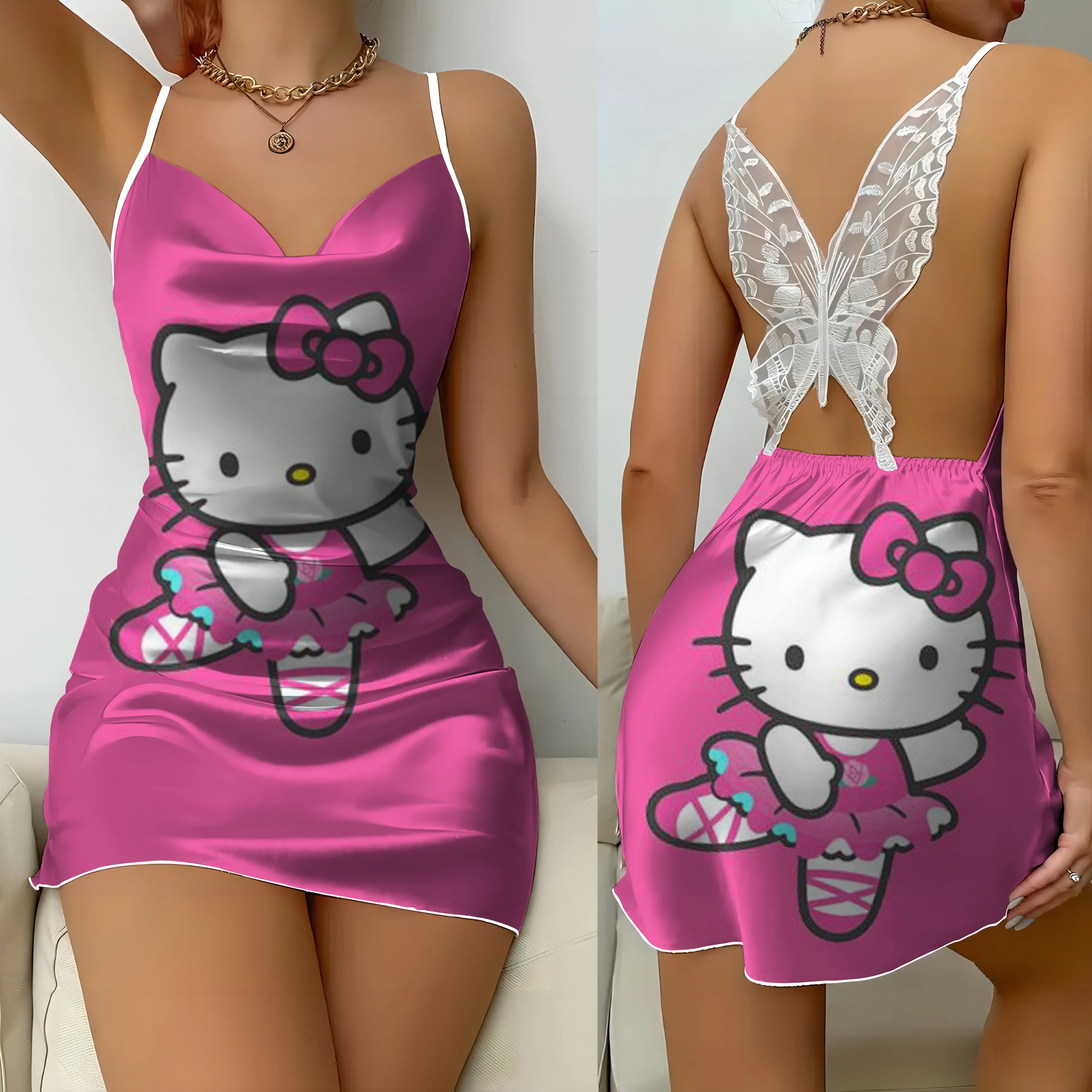 Hello Kitty-Robe de soirée courte sexy en satin pour femme, jupe pyjama à nœud papillon, robe de surface pour la maison, mode estivale, 2024