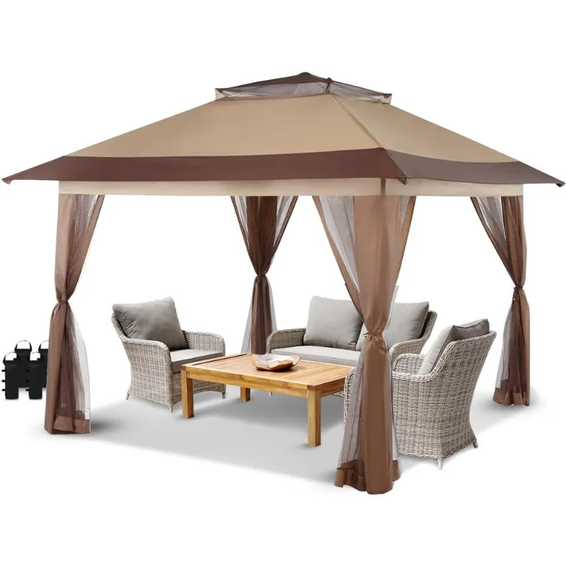 13x13 Pop Up Gazebo, Canopy Tent,   & Patio Furniture - Carpa Pop Up Tent with Wheeled STO-N-Go Cover Bag (Beige & Coffee)