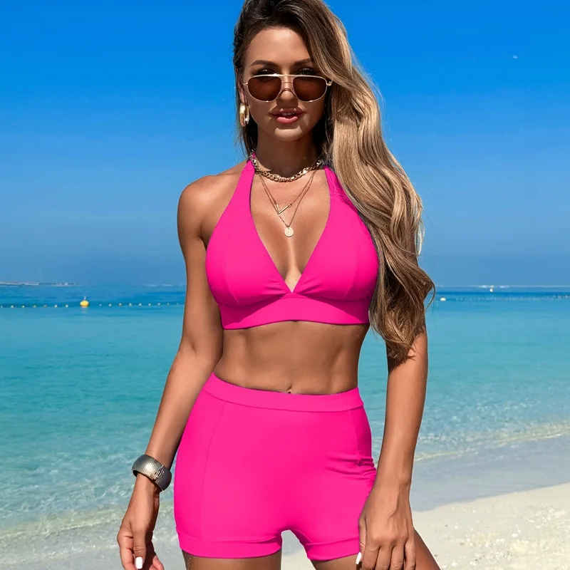 2024 new sexy high waist two piece bikini solid color tight swimsuit gathered bikini backless swimsuit summer seaside swimsuit