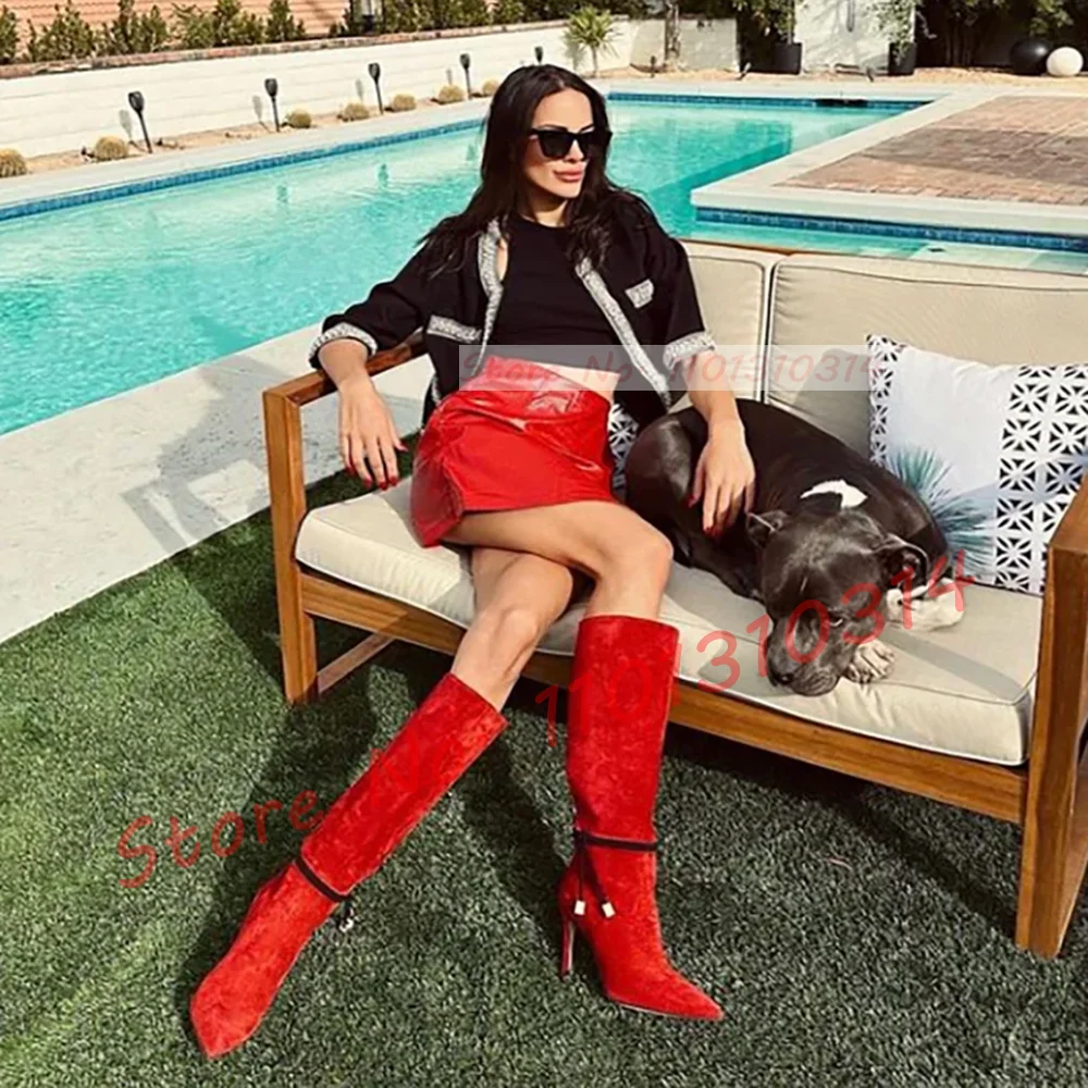 Elegant Grey Suede Knee High Boots Women Fashion Comfortable Stiletto Heel Shoes Ladies Streetwear Ankle Cross String Boots