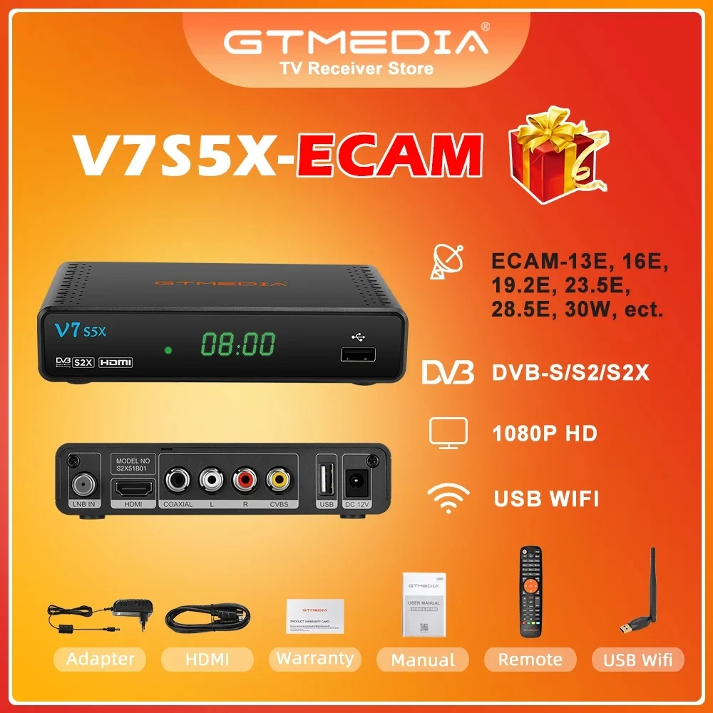 GTMEDIA V7S5X ECAM Satellite Receiver DVB-S/S2/S2X H.265(8bit) Digital Receiver Support Ccam,IKS,AVS +,CCM,ACM,VCM With USB WIFI