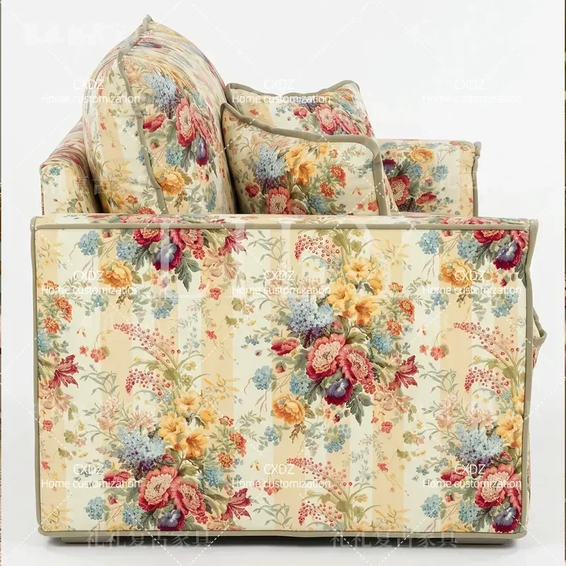 Retro Printed Solid Wood Large Sofa Fabric Single Sofa Small Apartment Living Room Bedroom Leisure Chair