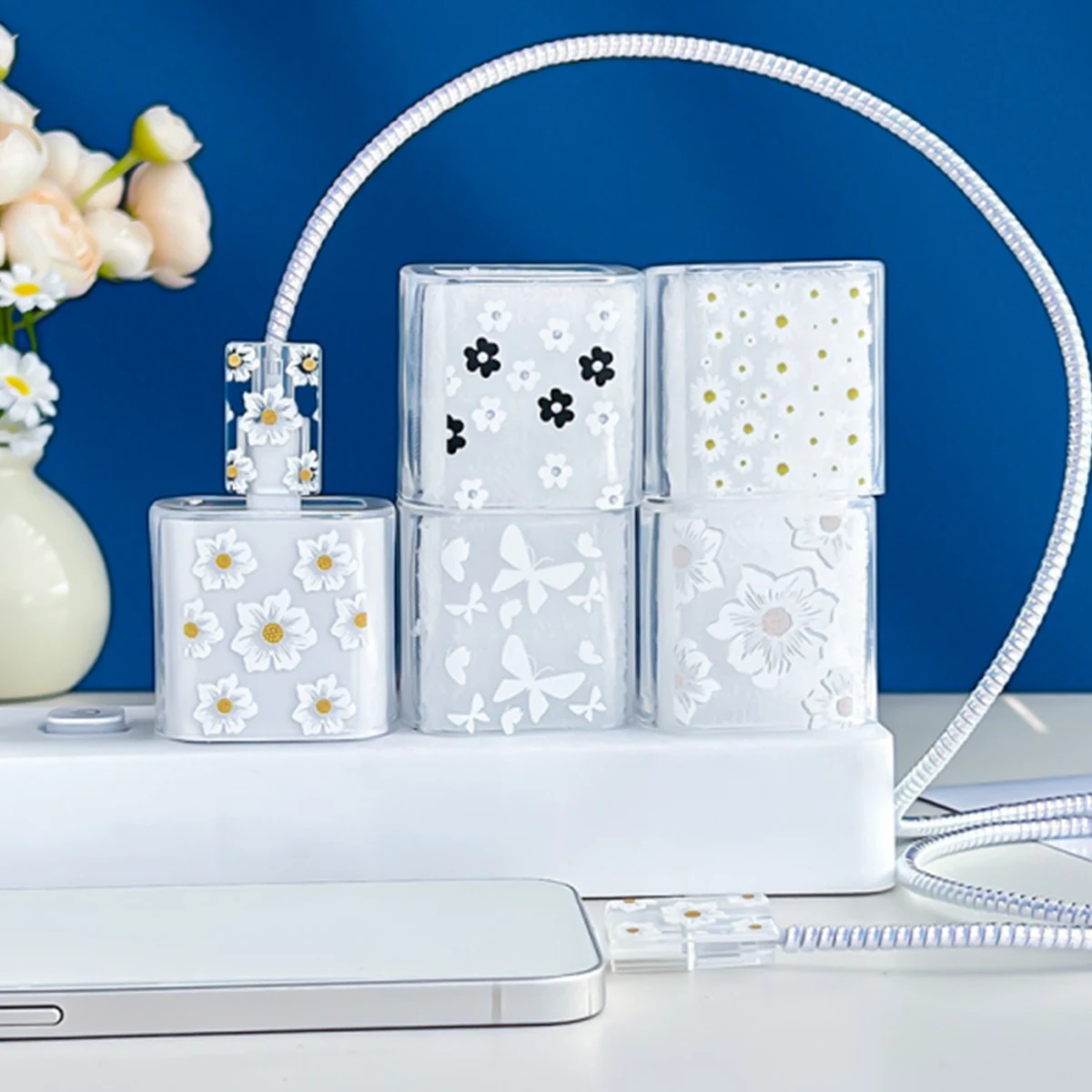 Gardenia/ Butterfly/ Flower 5pcs Charging Data Cable Protector Winder Accessories For iPhone 18/20w Charger Protective Cover