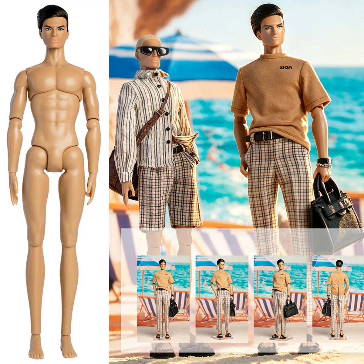 1/6 Holiday Series Muscle Male Supermodel Doll Dark Tan Skin 12Joint Gold Short Hair 33cm Male Figure Premium Design Clothes Set