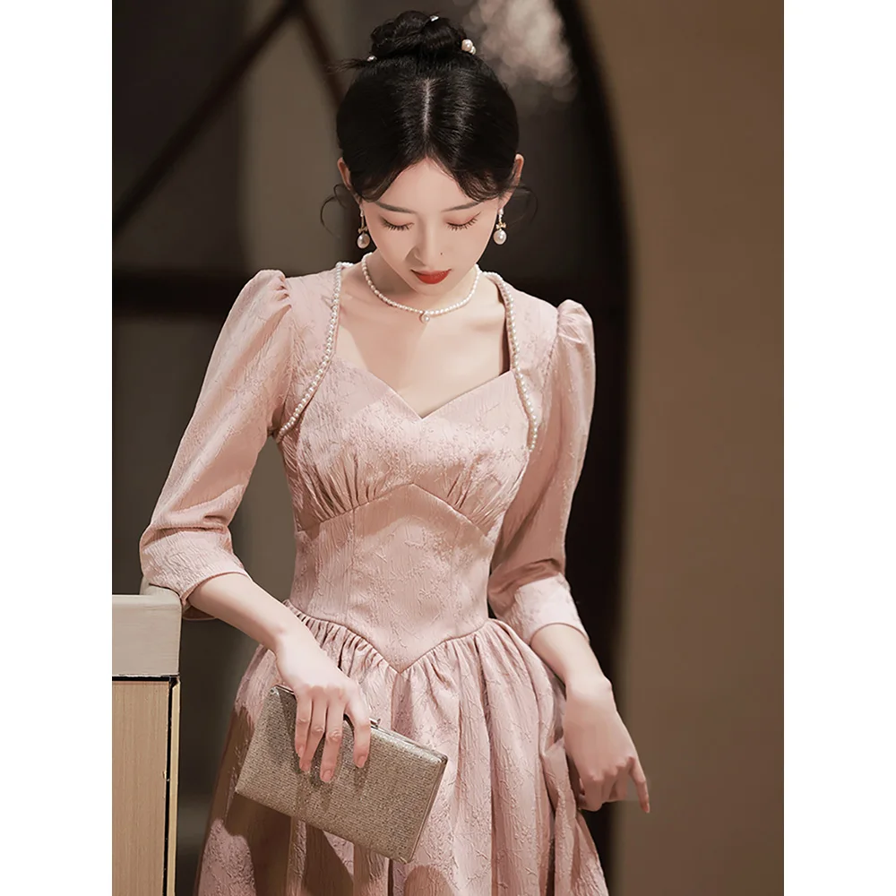 Elegant Evening Dress for Party French Style Pearl Beading Collar Long Sleeve Engagement Pink Dresses Banquet Formal Ball Gowns