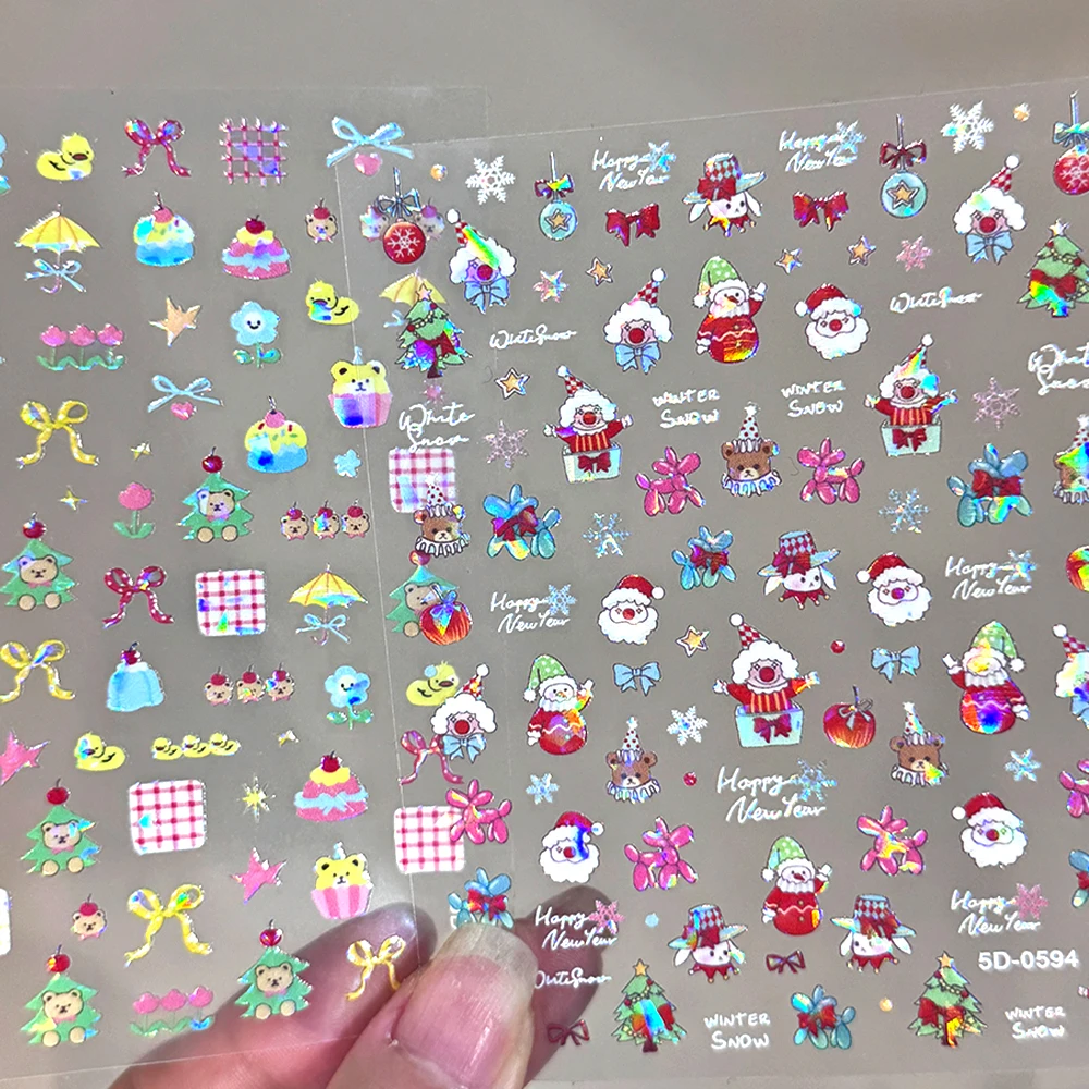 1 pièces étagères en verre dessin animé noël autocollant pour ongles 5D brillant mignon chat bonhomme de neige arbre de noël curseur pour ongles nouvel an noël manucure Dec