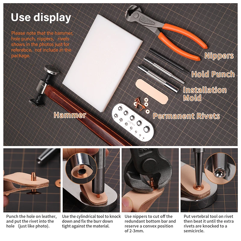 WUTA High Quality Leather Copper Rivets and Burrs,Solid Brass Rivets Studs Permanent Tack Fasteners Craft,Belts,Halters,Bridles
