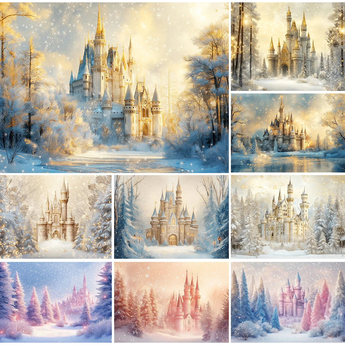 

Winter Snow Fairy Tale Castle Backgrounds Adult Kids Portrait Photography Backdrop Pine Tree Lake Photocall Photo Studio Props