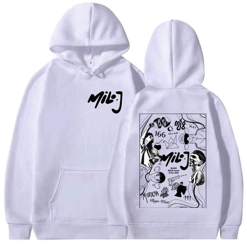 مغني الراب ميلو J 111 جولة 2025 طباعة هوديي الرجال النساء موضة عادية كم طويل البلوز الهيب هوب البوب البلوز مقنعين الشارع الشهير #2