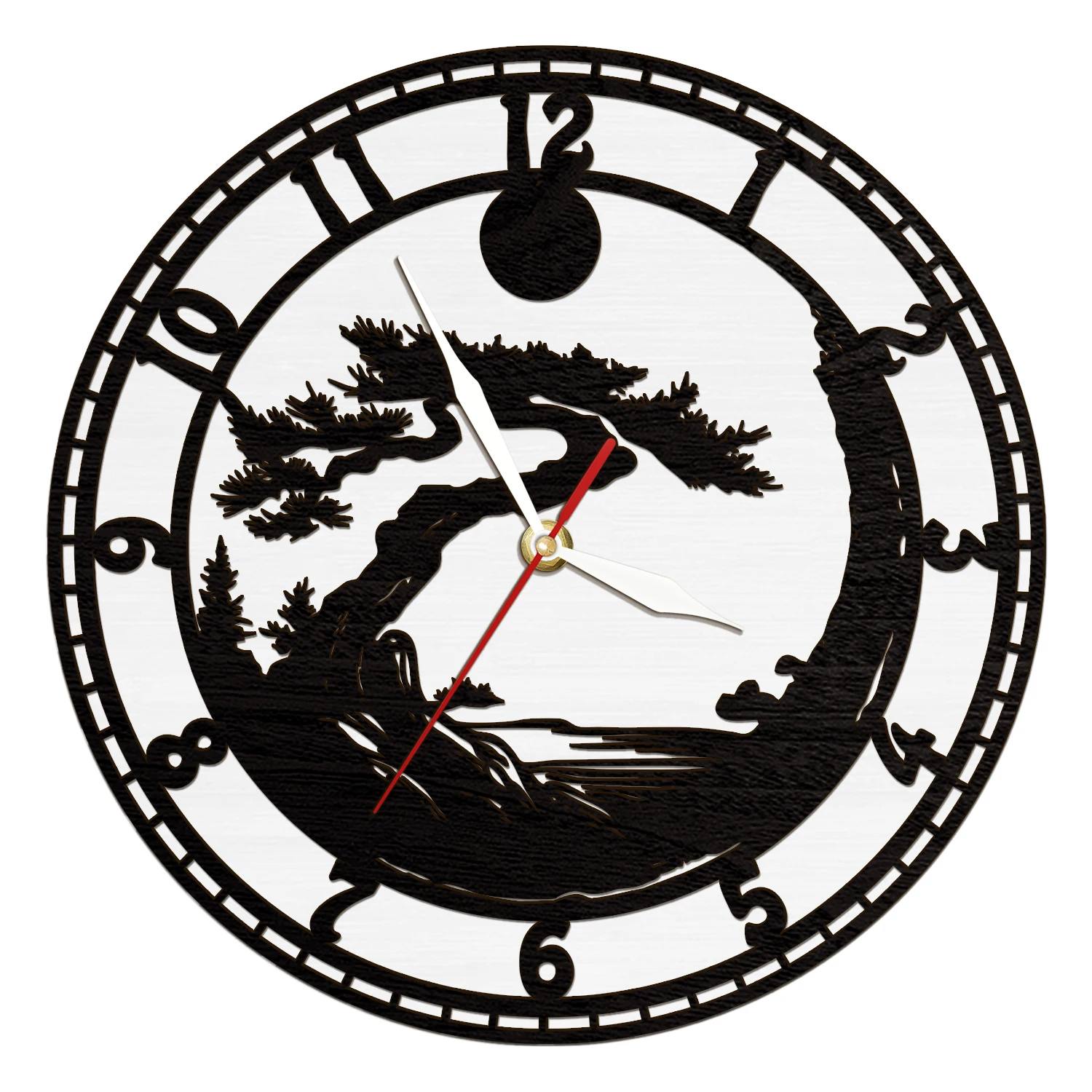 Japen Pine Tree Landscape Glowing LED Wall Clock Oriental Nature Home Decor Asian Mountain Sunset Silhouette Wooden Wall Clock
