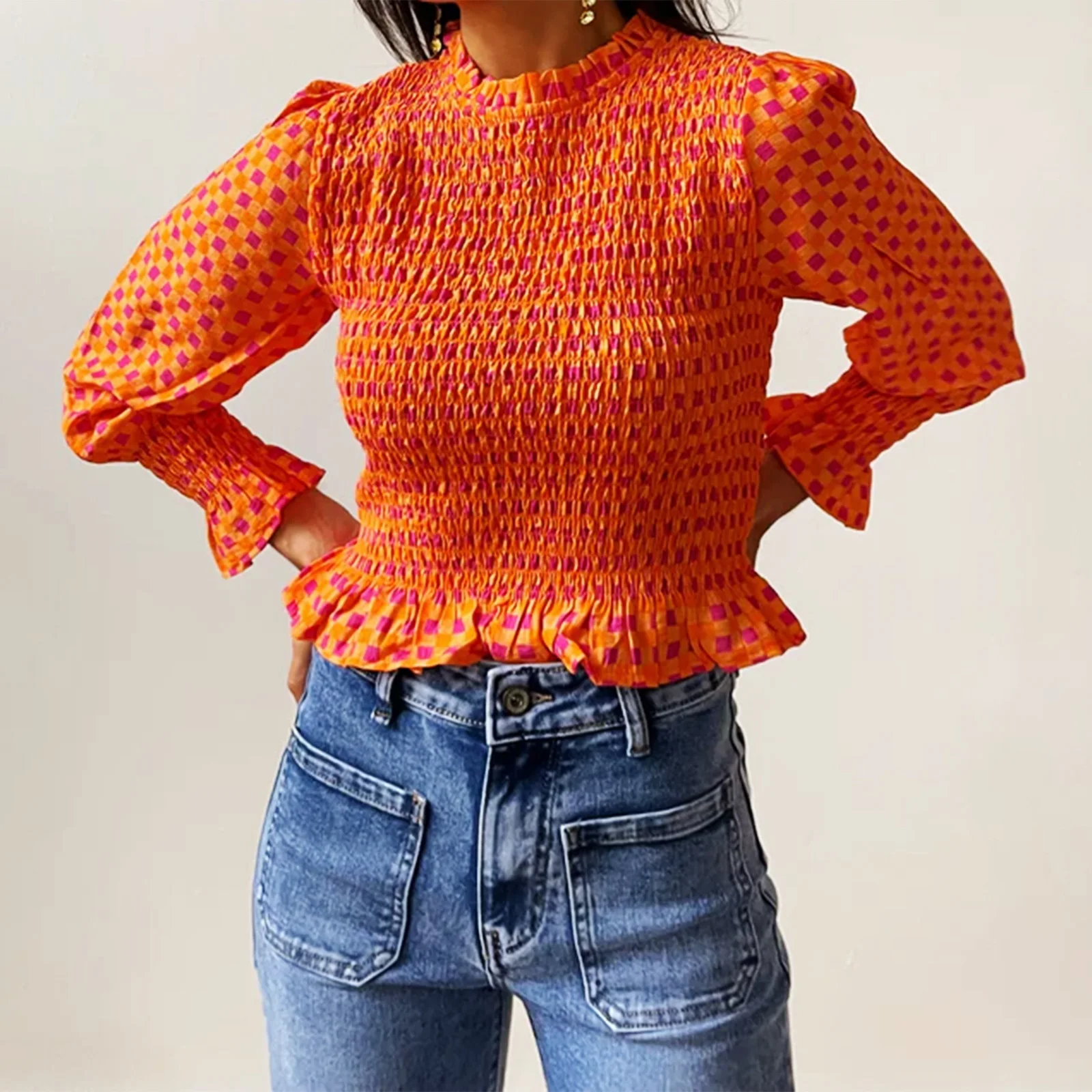 Women Fashionable Casual Round Neck Smocked Bubble 3/4 Sleeve Tops Summer Fall Plaid Print Ruffled T-shirts