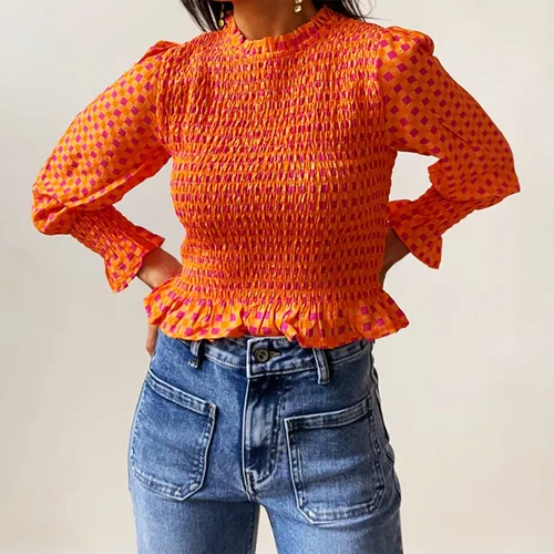 Imagen 2 del producto Camisetas informales a la moda con cuello redondo y manga 3/4 para mujer, camisetas con volantes y estampado a cuadros para verano y otoño