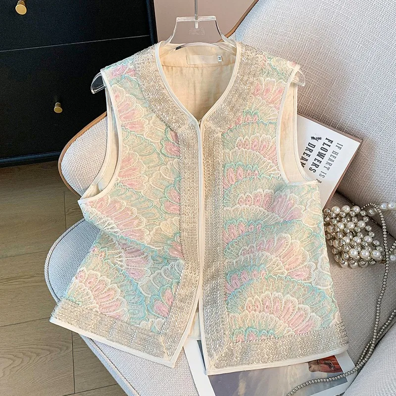

New Chinese Sle Tang Suit Hanfu Retro Open Cardigan Embroidered Heavy Work Bead Insertion Hanfu Vest Improved Top