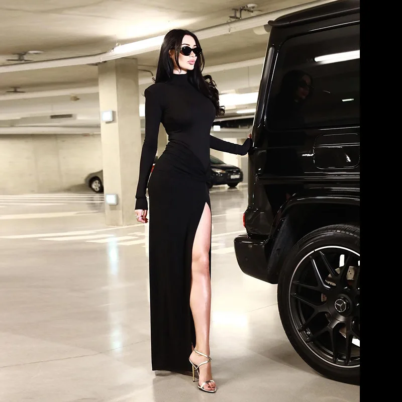 European and American Women Long Sleeve Semi High Neck Jumpsuit Sexy Pleated Slit Temperament Half Skirt Slim Fit Girl Dress