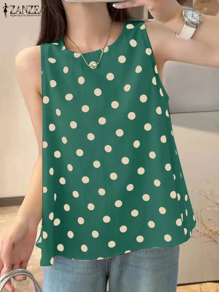 Women Casual Tanks Tops 2024 ZANZEA Fashion Holiday Beach Blusas Chemise Summer Bohemian Sleeveless Polka Dot Printed Blouse