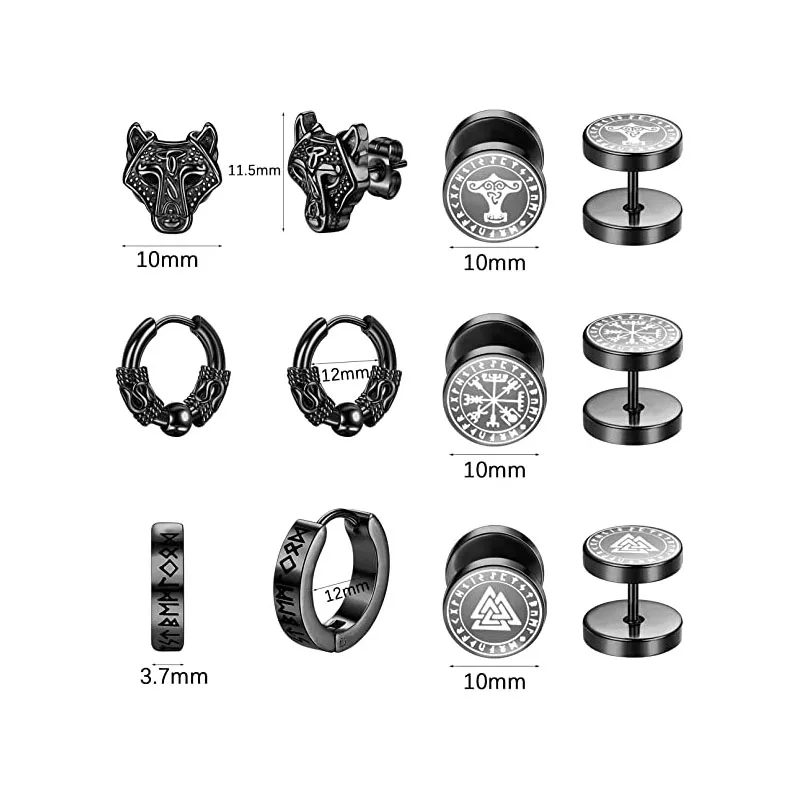 6 Pairs Norse Viking Earrings for Men Black Stainless Steel Rock Punk Vintage Huggie Hoop Earrings Gifts Jewelry