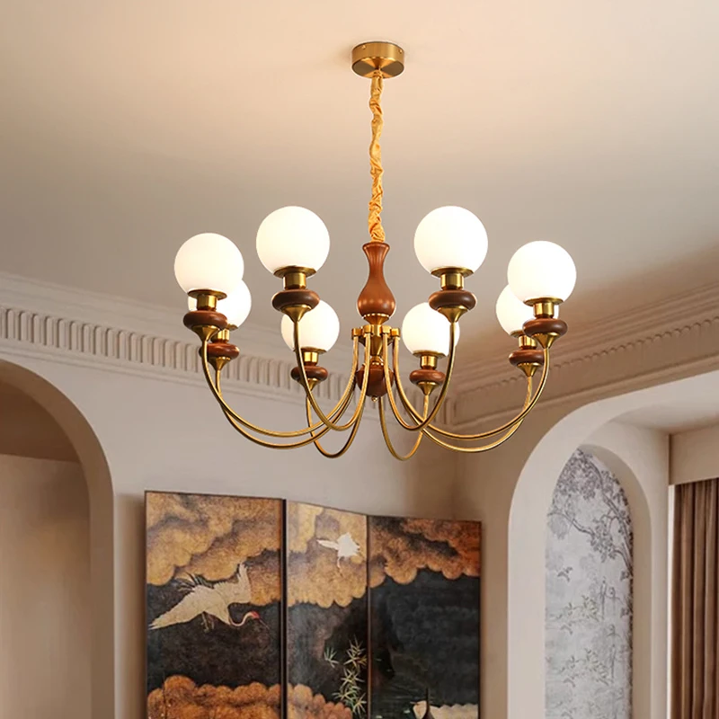 French Medieval Living Room Chandelier Simple Walnut Magic Bean Dining Room Lamp Wooden American Retro Style Bedroom Lamps