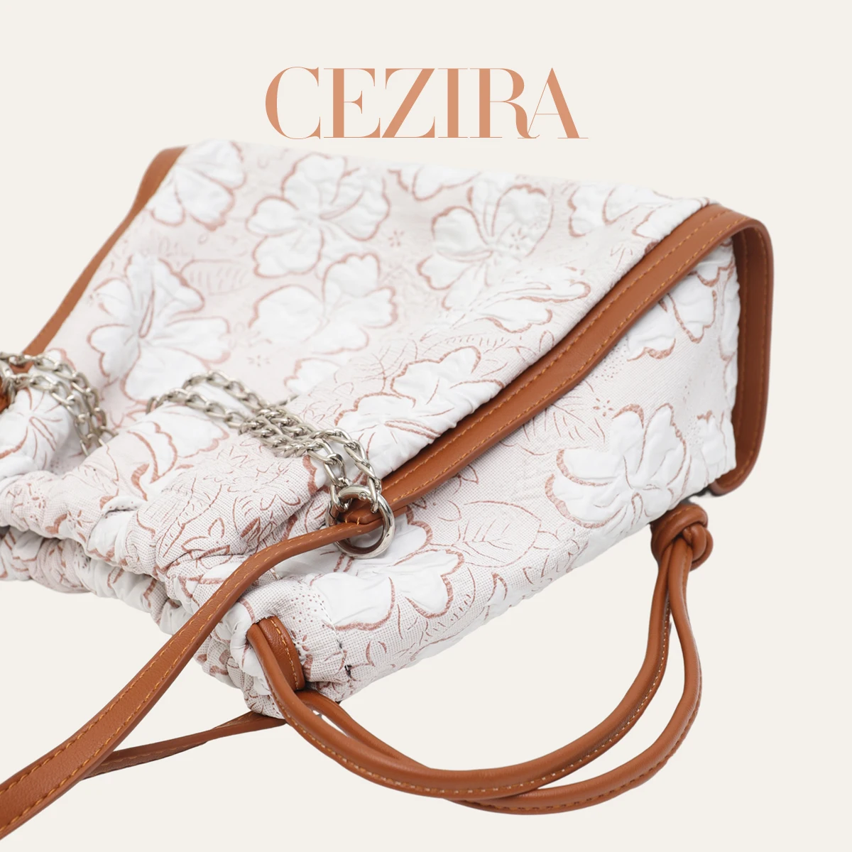 CEZIRA Classic Flower Pattern Drawstring Handbag For Women Large Capacity Metal Chain Decoration Shoulder Purse Elegant Commute