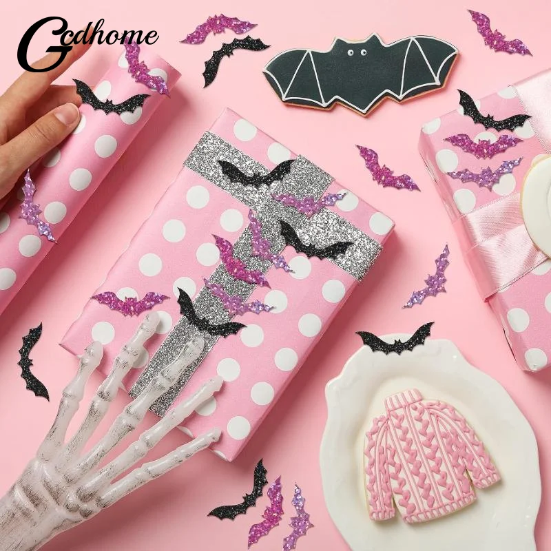 500 stks/rol Laser Zwarte Vleermuis Waterdichte Glitter Zelfklevende Decals Halloween Vleermuis Stickers Voor Party Scrap DIY Accessoires