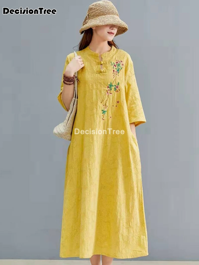 2023 çin elbisesi cheongsam kadınlar uzun qipao elbise modern pamuk keten cheongsam elbise yarım kollu nakış cheongsam elbise