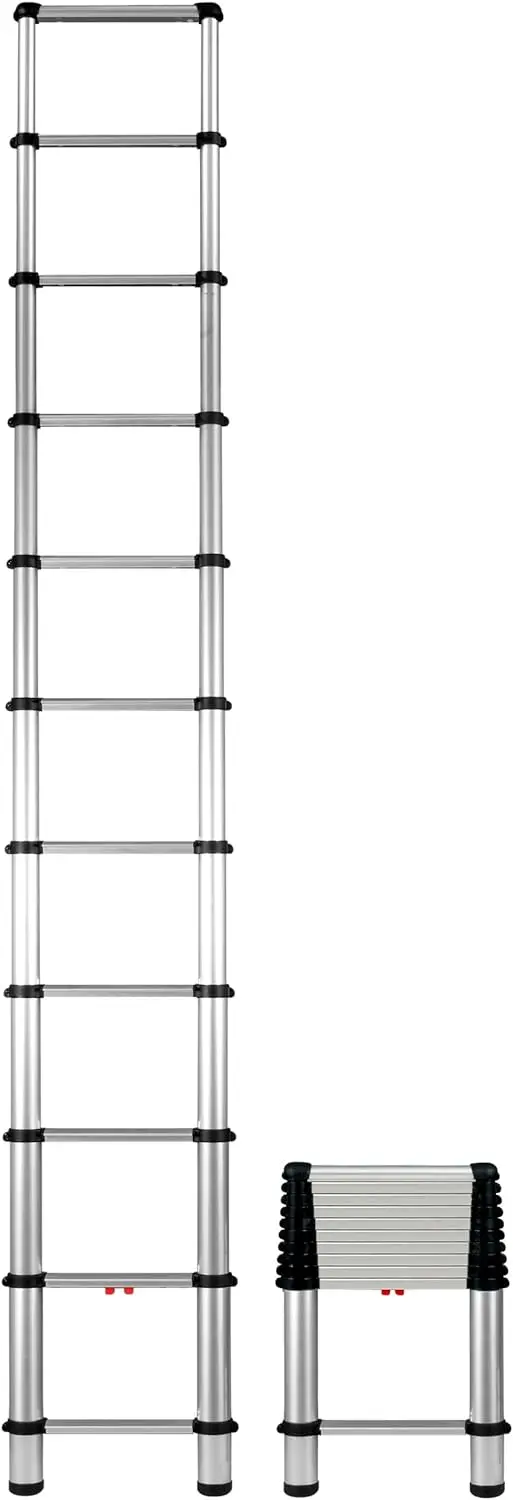 OSHA Compliant 10.5 ft Extended Height, Up to 14 ft Reach May be Possible, Extendable, Automatic Telescoping Extension Ladder