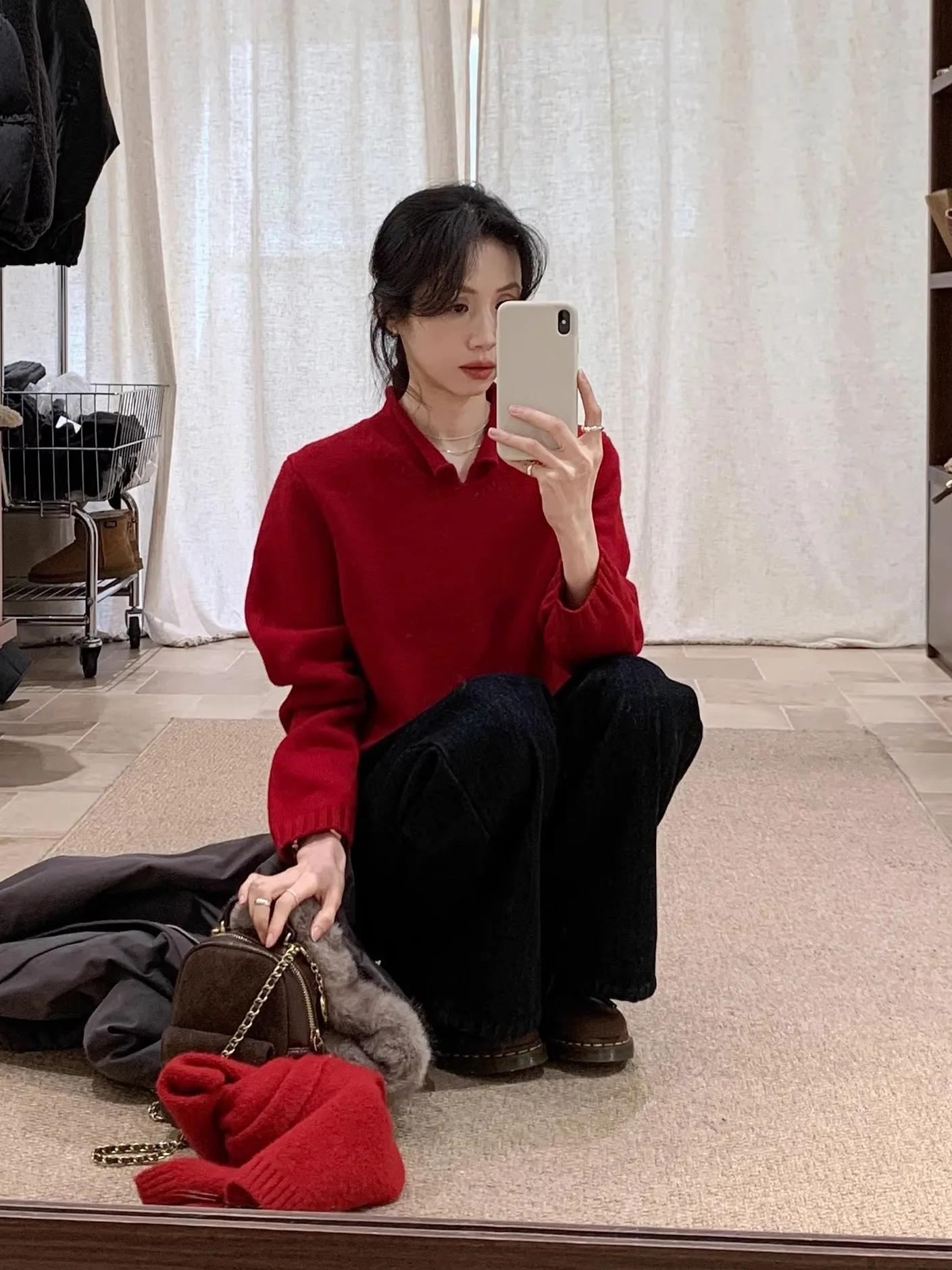 

BRIVIN Korean Sle Women's Knitted Wool Sweater Slim Fit f Open Collar New Year Red Color Winter Faionable Top