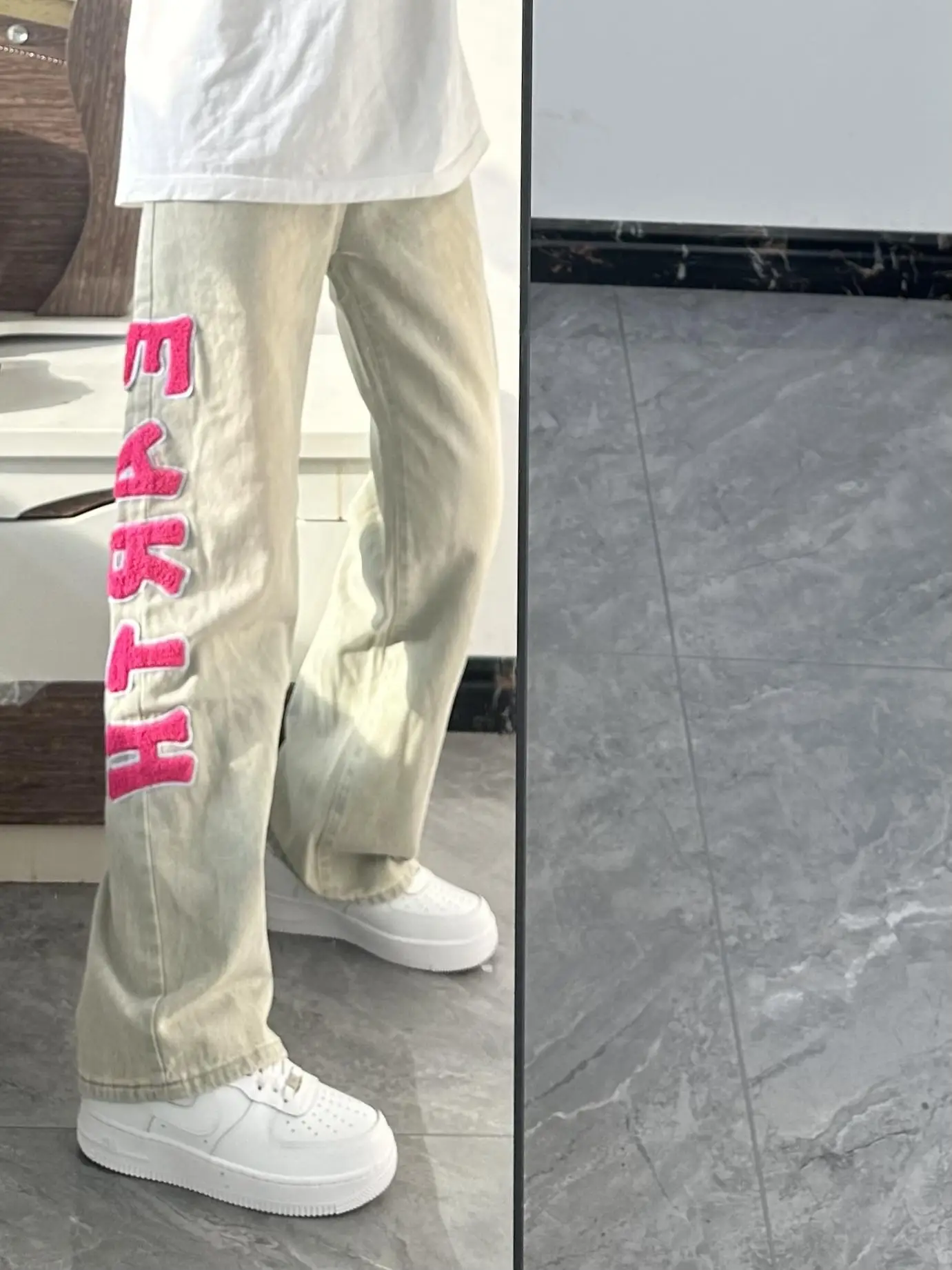 

American Vibe High Street Mud Dye Pink Letter Denim Jeans Men's Trendy Brand INS Loose Straight Leg Versatile Long Pants