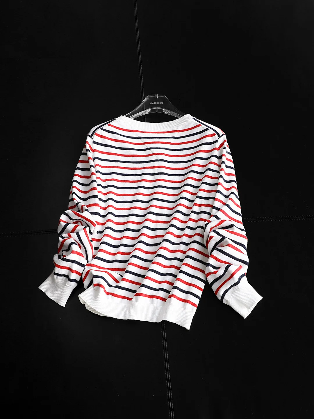 2025 frauen Casual Frühen Herbst Neue 100 % Baumwolle Garn Rot Blau Weiß Gestreiften Einreiher Rundhals Strickjacke