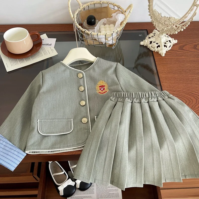 

Girls' spring clothes2024New Spring and Autumn Children's Preppy Style Two-Piece Set jkLong Sleeve Coat Pleated Skirt Sets