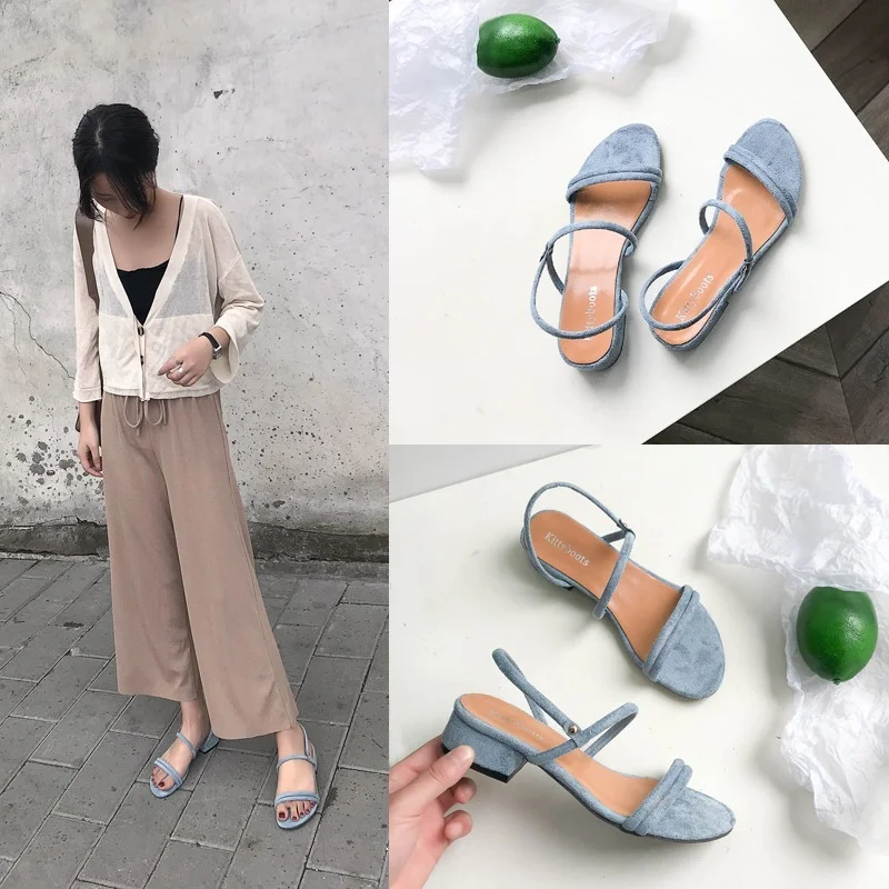 Comemore Heels Summer Blue Casual Pumps Shoes Low Heel Sandal Slippers Women\'s Footwear Mujer 2023 Slides Women Heeled Sandals