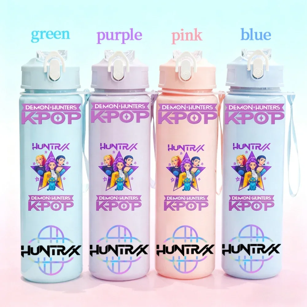 750ML KPop Demon Hunters Plastic Water Bottle Straw Rumi Mira Zoey K-Pop Demon Hunters Letter Children's Anime Water Bottle Gift