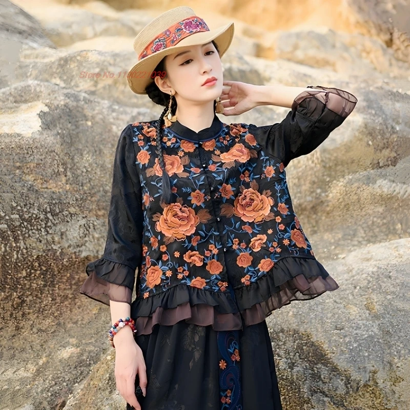 

2025 traditional chinese vintage blouse national flower embroidery satin jacquard blouse lace patchwork ethnic folk hanfu tops