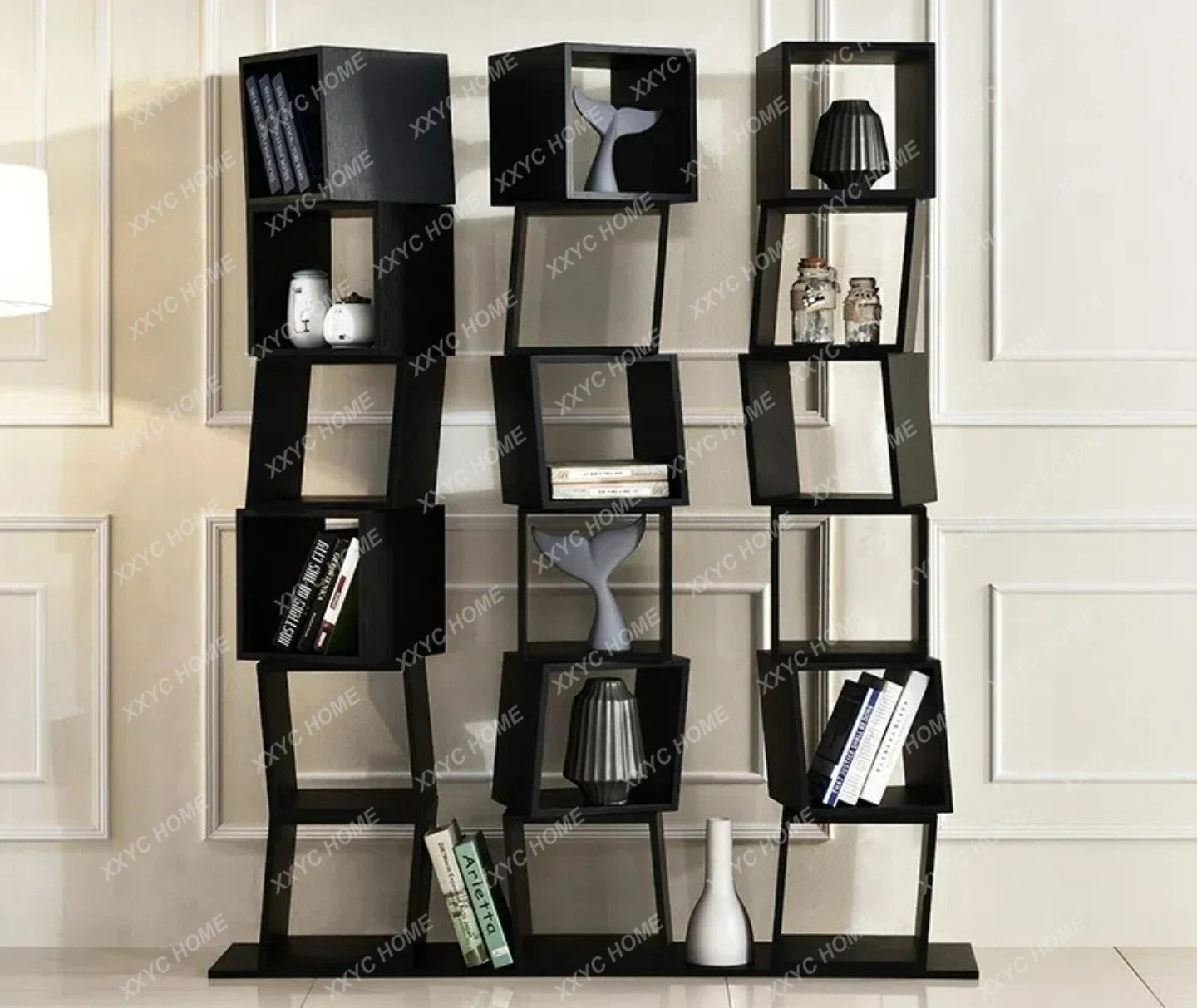 

Книжный шкаф-стеллаж с отделкой под рояльное дерево, вращающийся, от пола до потолка, современный минималистичный дизайн.