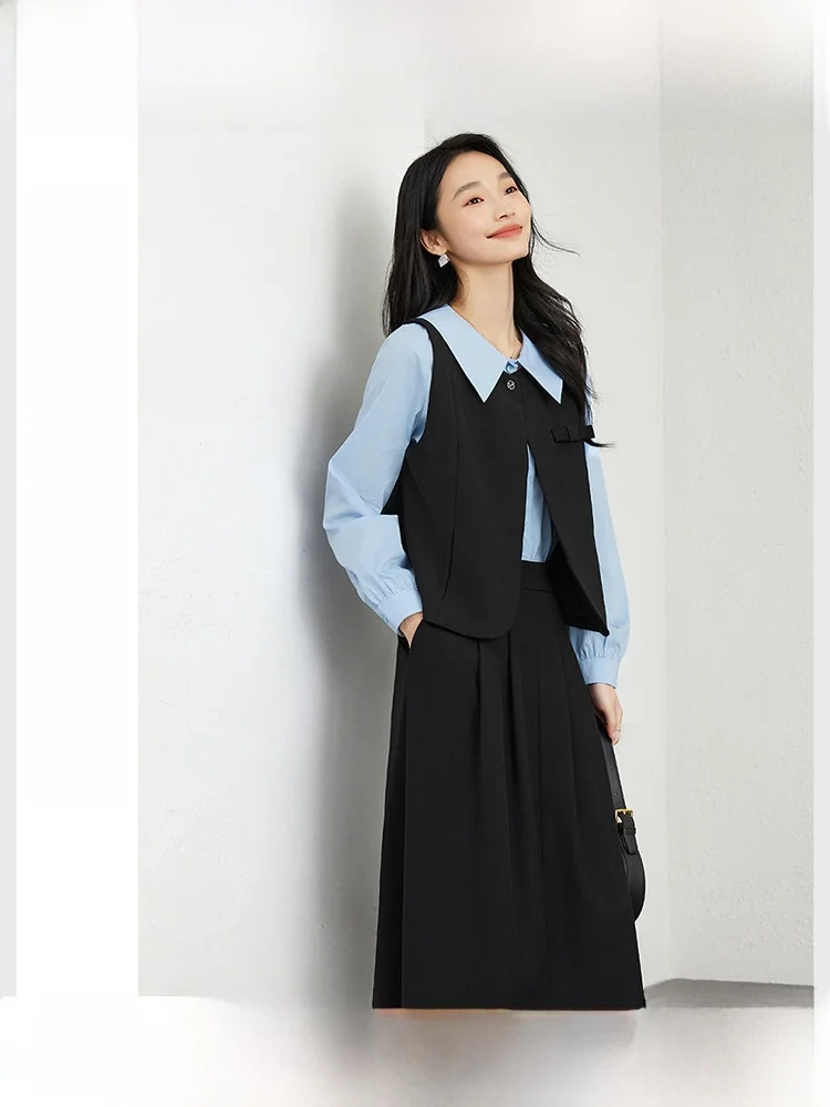 

Blue Black Fashion Set 2026 Spring Shirt Vest Skirt Trendy Three-piece Set Women's Business Style Cotton Fabric