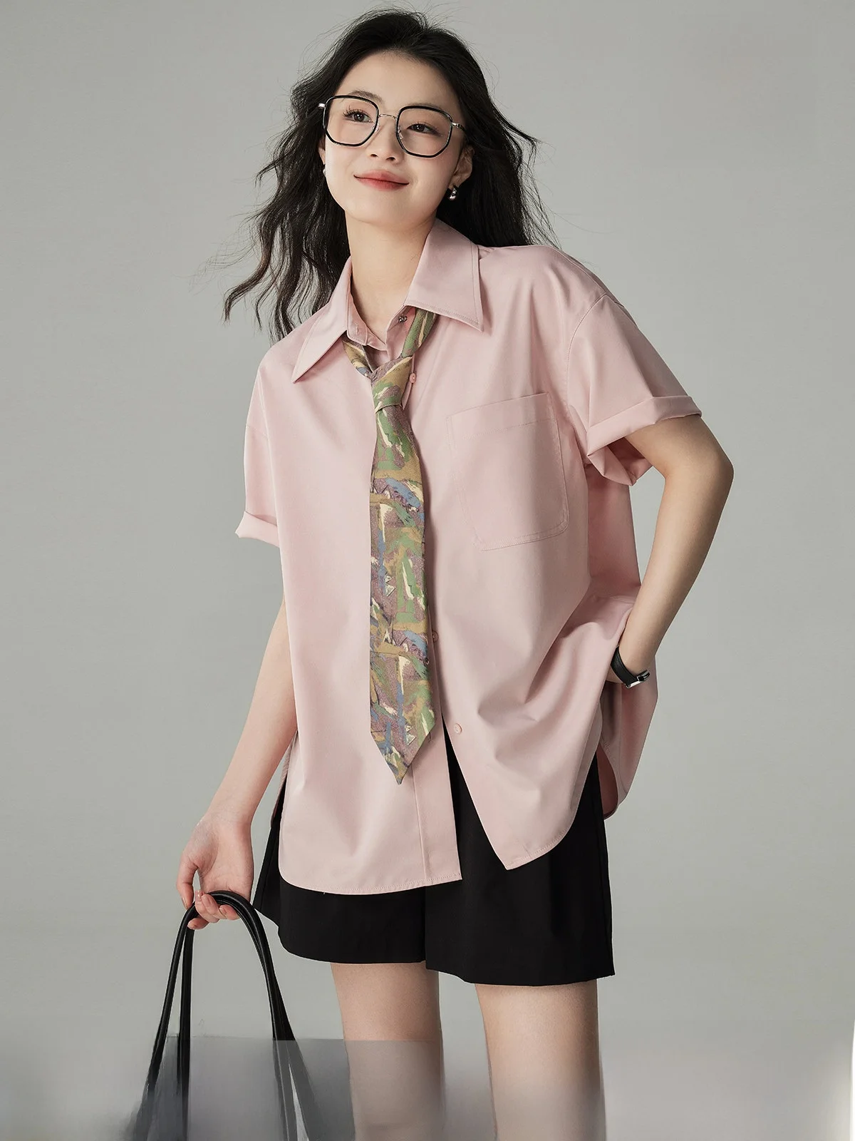 

Pink Casual Short Sleeve Shirt Women's Loose Anti-Wrinkle Summer Slimming Versatile Shirt Aya Home Dopaamine Clothing
