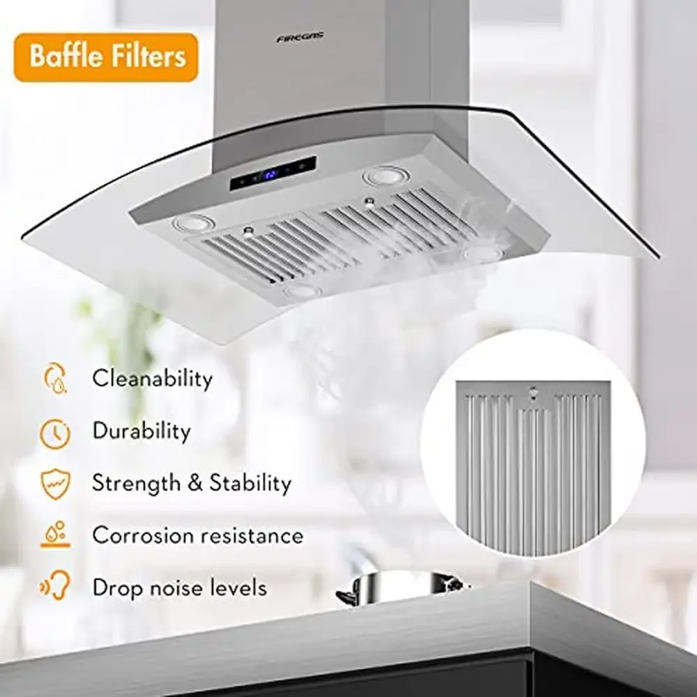 Островная вытяжка 36 дюймов с закаленным стеклом 450 куб. футов в минуту и светодиодной подсветкой. Кабриолет. Безводная кухонная вытяжка. Современный дизайн. Нержавеющая сталь.