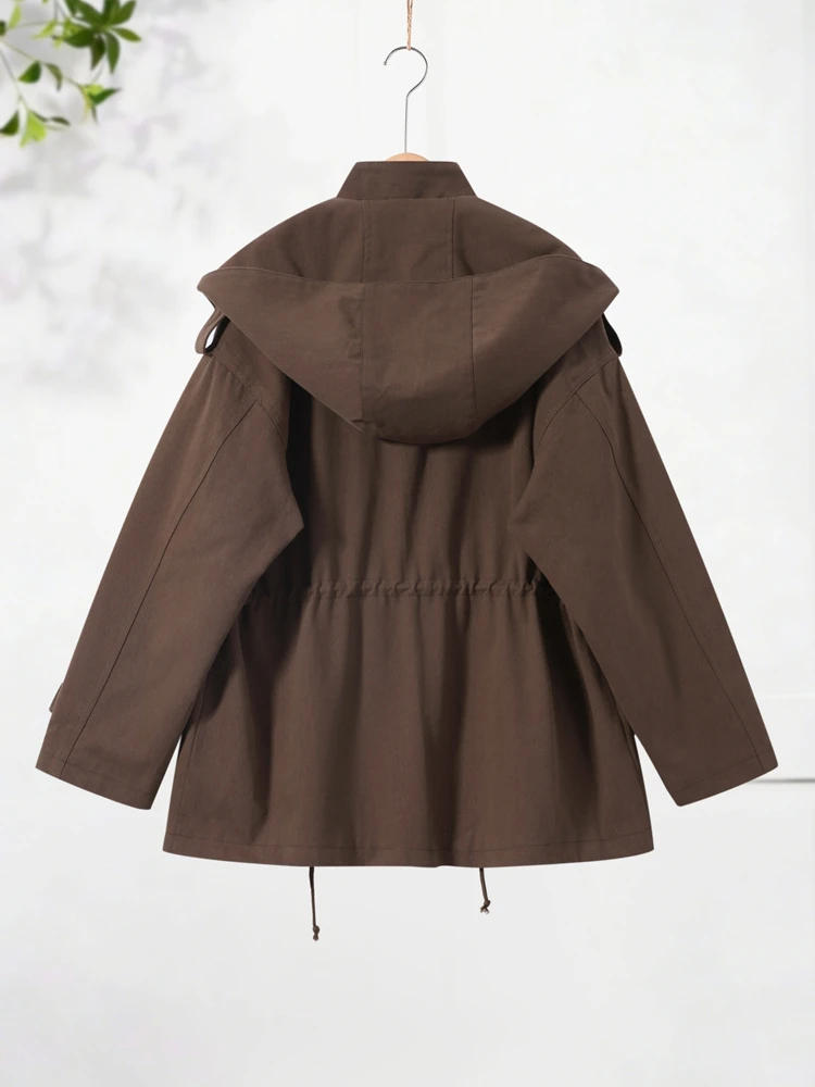 Kapuzenjacke mit Mehreren Taschen und Kordelzug für Damen, Streetwear-Stil mit Stehkragen, Epauletten, Langen Ärmeln, Locker Geschnittene Mäntel, Schicke Damen-Oberbekleidung – Detail 3
