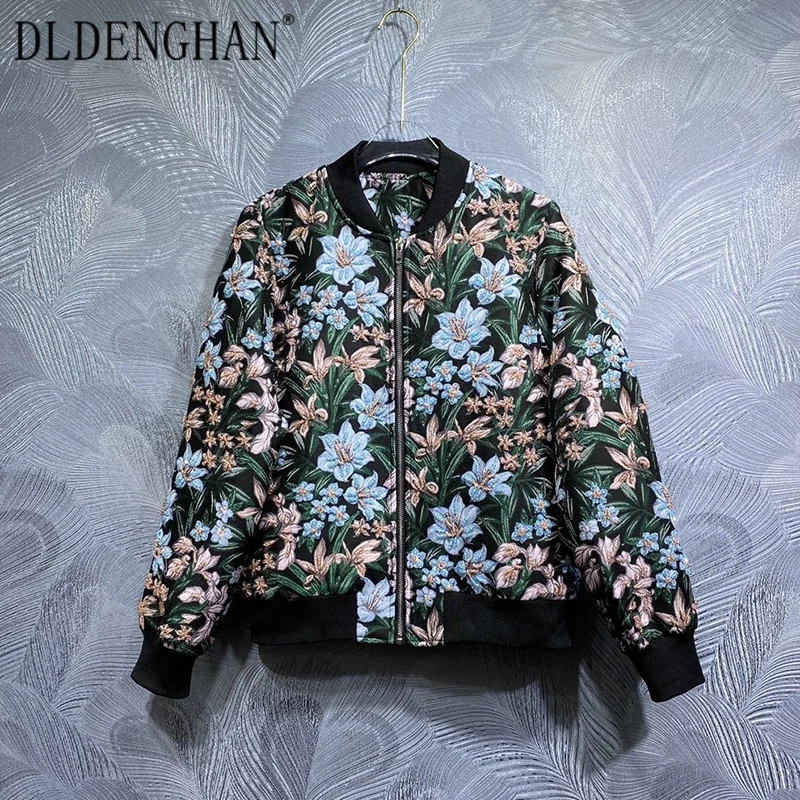 

DLDENGHAN Autumn Jacquard Jacket Women's O-Neck Long Sleeves Crystal Beading Pockets Elegant Party Coat Fashion Designer