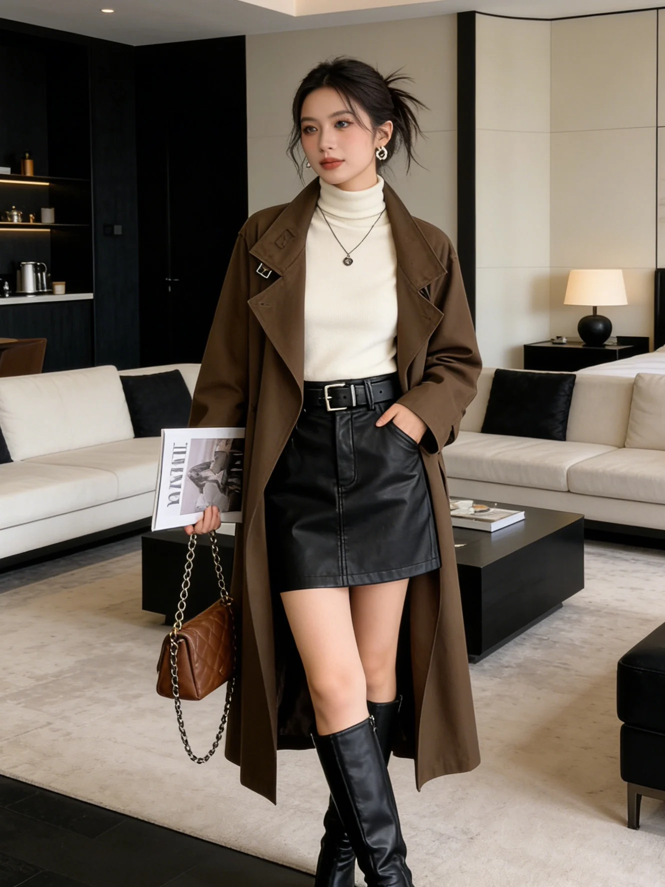 

Korean Sle Long Casual Coat Stand Collar Windproof Spring Loose Slimming Commuting Versatile Outerwear Women's Faion