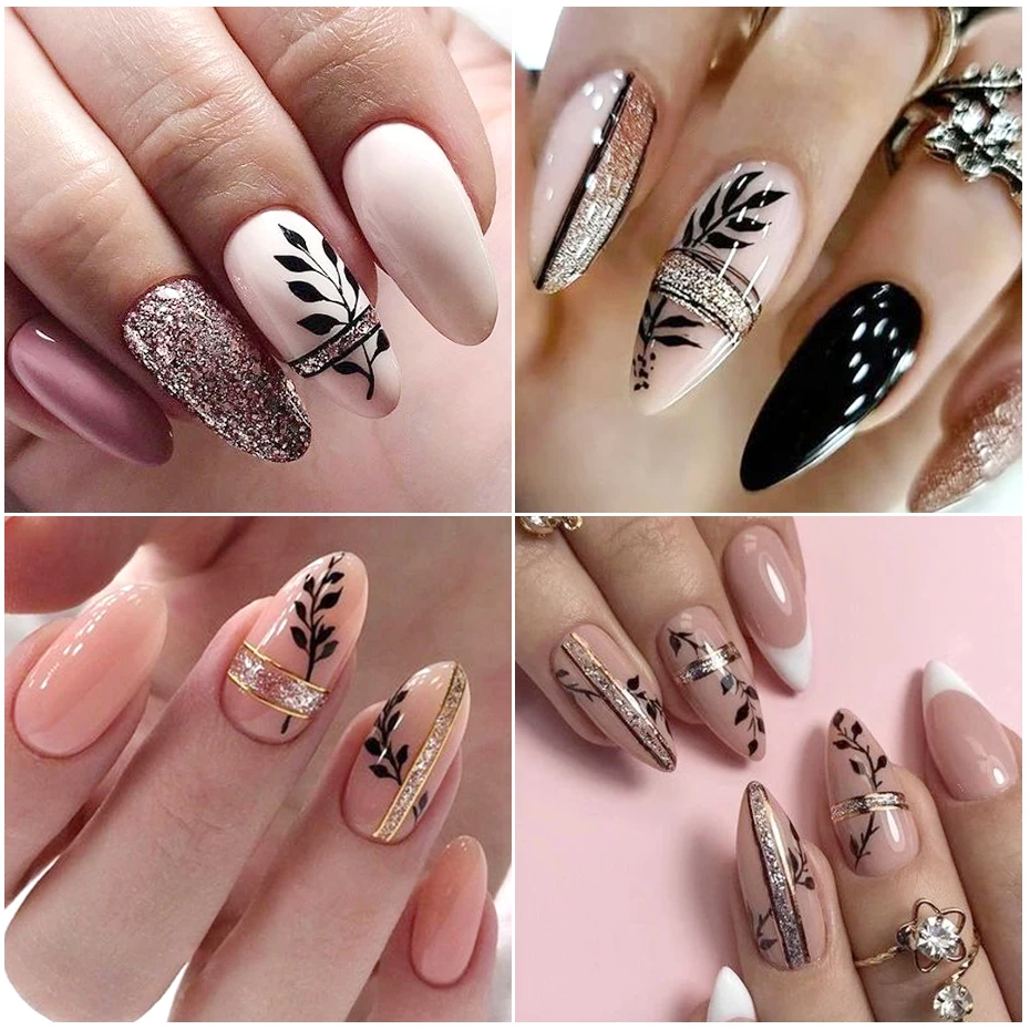 2 Stuks Glitter Blad Nail Art Stickers Laser Geometrie Bloemen Bladeren Schuifregelaars Voor Nagels Glanzende Golflijn Dierenprint Zelfklevende Stickers