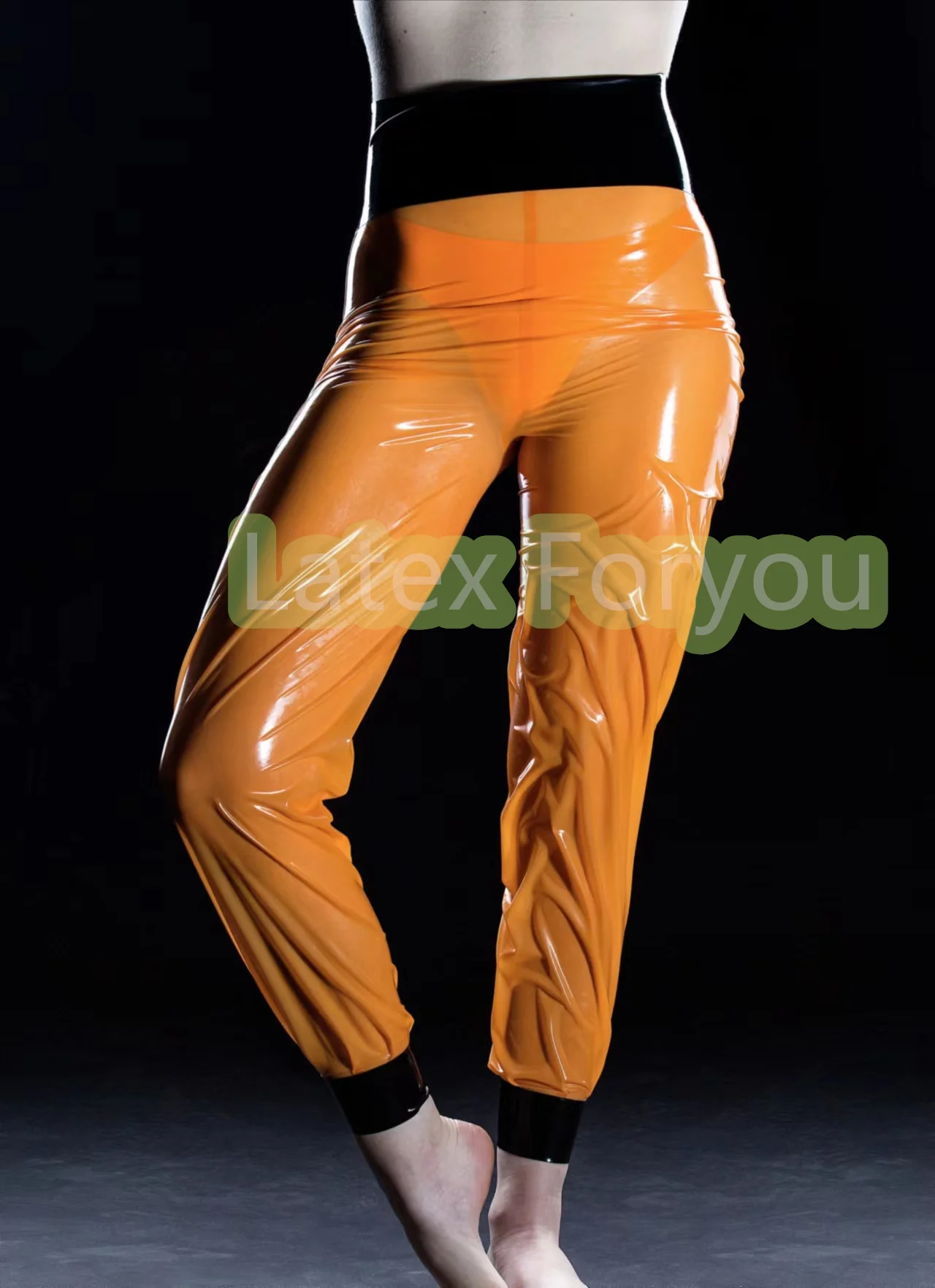 Handmade Men\'s Natural Latex Leggings Latex Rubber Gummi Loose Style Pants With Black Deco Trim No zip  Custom Made