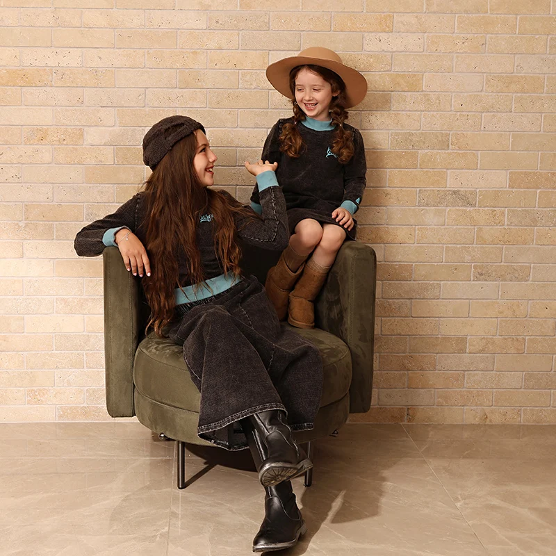 New Fall Collection Family Matching Children Clothes Boy Shirt Girls Dress 2pcs Girls Outfit Baby Set Garment Washing Black Gray