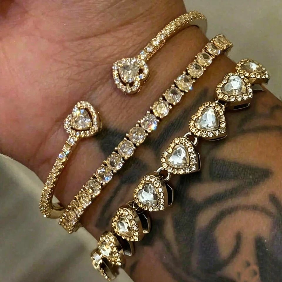 Yupsk Hip Hop Fashion Geometric Heart-shaped Rhinestones Tennis Bracelet Set for Women Men Punk Street Trend Stacking Jewelry