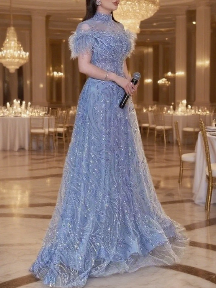 スパークリングベビーブルーのイブニングドレス中東ウエディングパーティードレス半袖羽の結婚式のゲストドレススパンコールカスタマイズ
