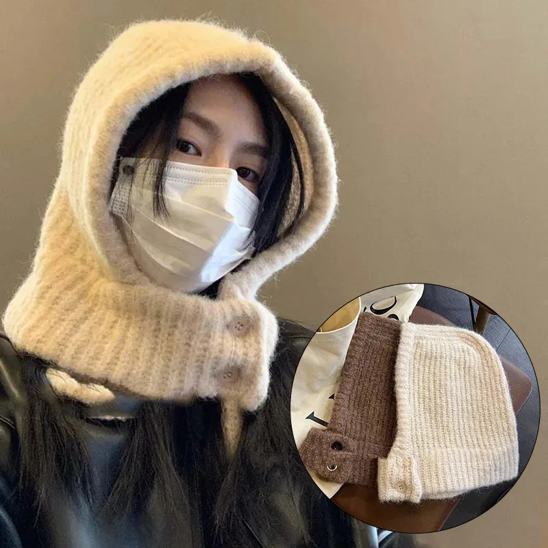 

Women Knit Balaclava Hat Winter Warm Woolen Ear Protection Scarf Cap Korean Solid Color One Piece Ski Cycling Caps Headgear