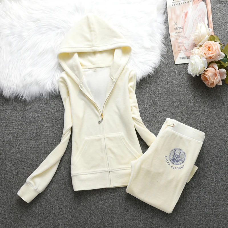 Velvet blue diamond decorated JC hooded cardigan two-piece set, women's sports set suitable for sports running