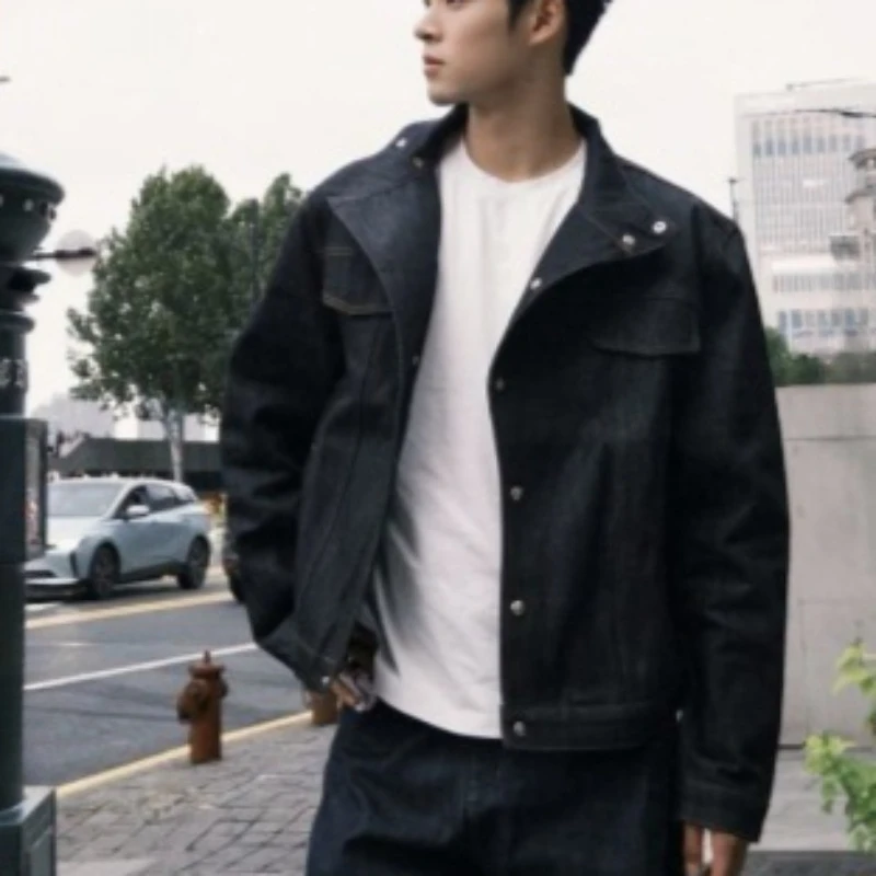 Mens Denim Jacket Harajuku Autumn Imported Slanted Collar Raw Denim Short Wide Coat Cleanfit Casual Streetwear New Style Wear
