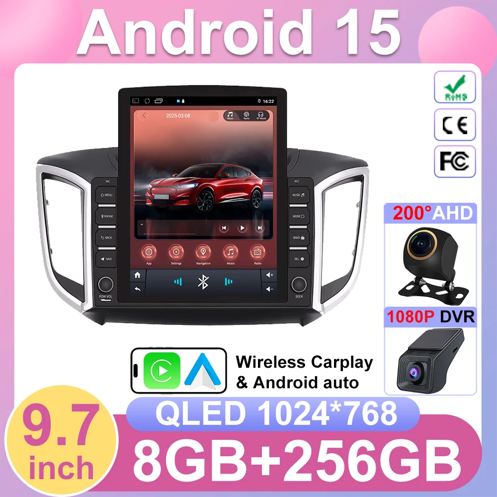 

9.7" Car Radio For Hyundai Creta IX25 2015-2019 5G Wifi Head Android 15 Unit Stereo Player No Multimedia Carplay 2Din GPS Stereo
