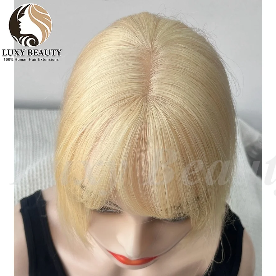 Blonde Human Hair Topper With Bangs Women 5x9cm Natural Black Highlights Brown Skin Scalp Clip in Topper Hair Pieces Human Hair