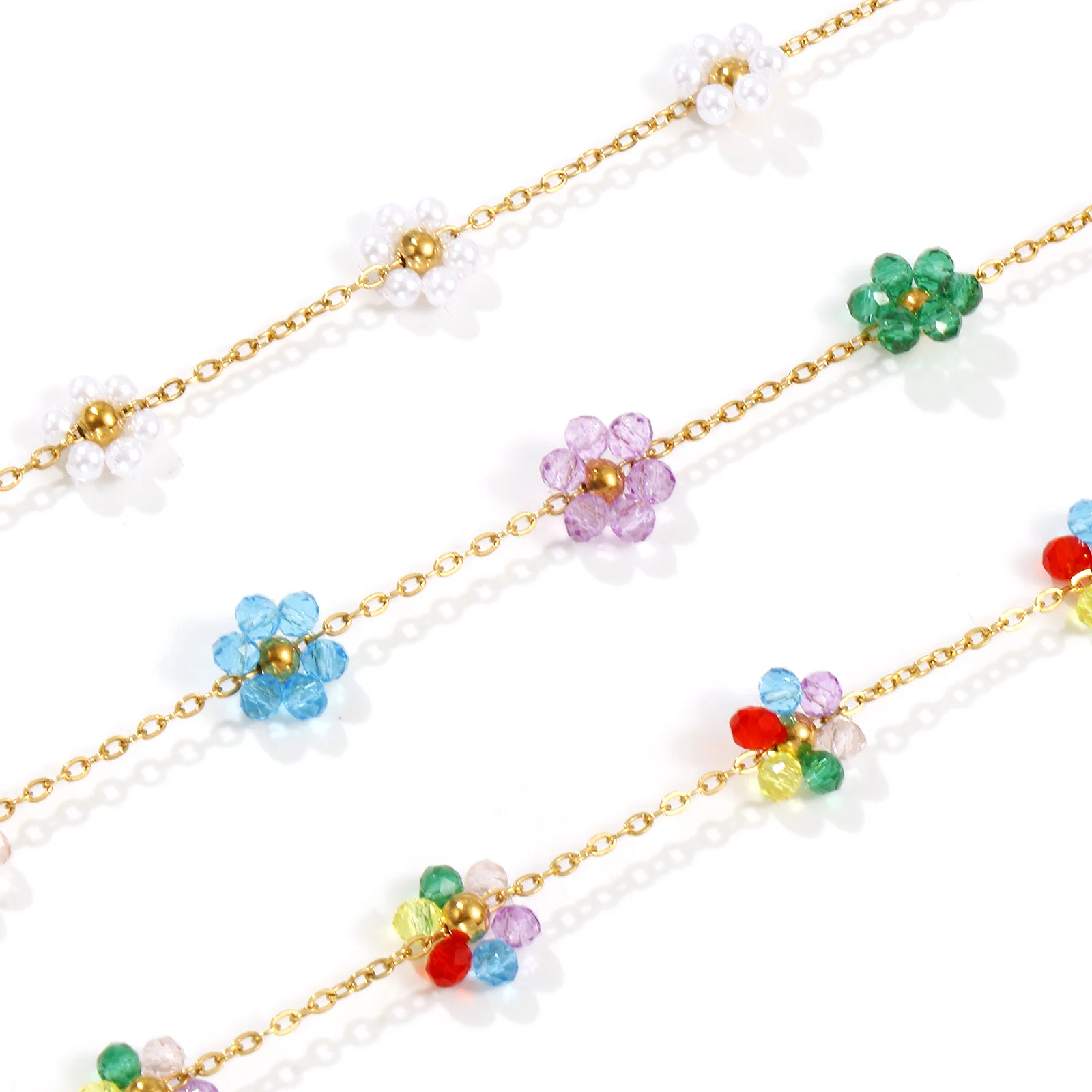 Flower Beaded Necklace 304 Stainless Steel 18K Gold Plated Link Cable Chain 40cm+ 5cm For Women Sweet & Cute Exquisite Gift